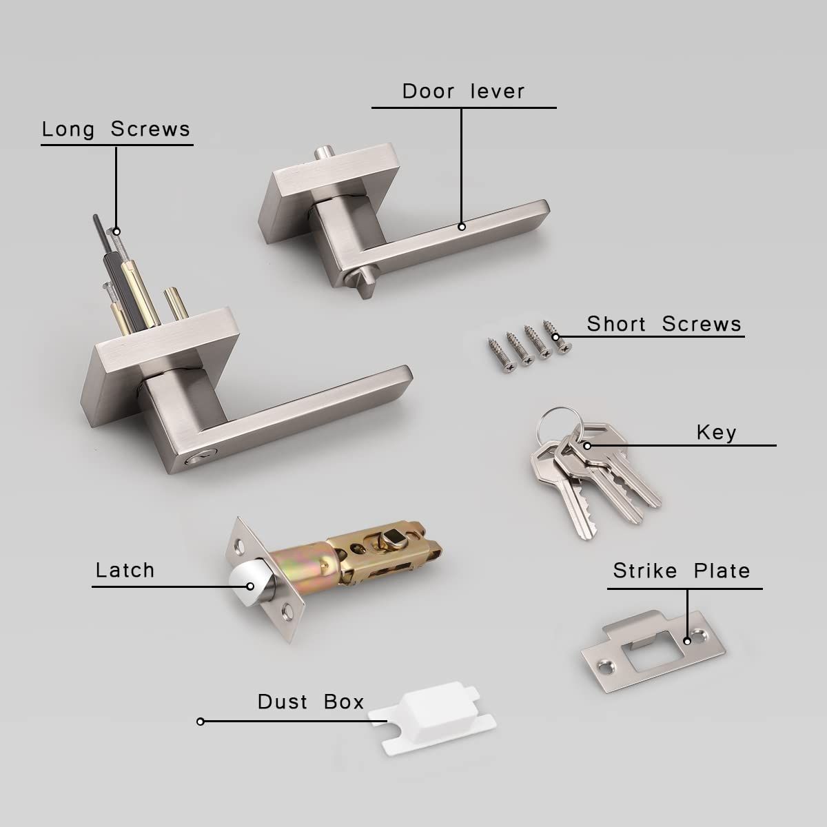 Square Rose Privacy Door Lever, Lock for Bed/Bath Modern Square Satin Nickel Entry Handle with Key Lock Latch Lever Lockset