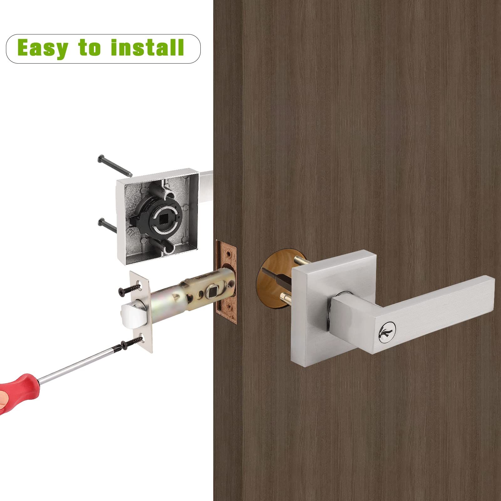 Square Rose Privacy Door Lever, Lock for Bed/Bath Modern Square Satin Nickel Entry Handle with Key Lock Latch Lever Lockset