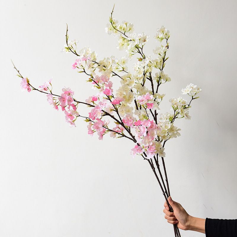 43in Artificial Cherry Blossom Tree Stems, Fake Plum Blossom Flowers Arrangement for Wedding Home Decor, Set of 2, White&pink