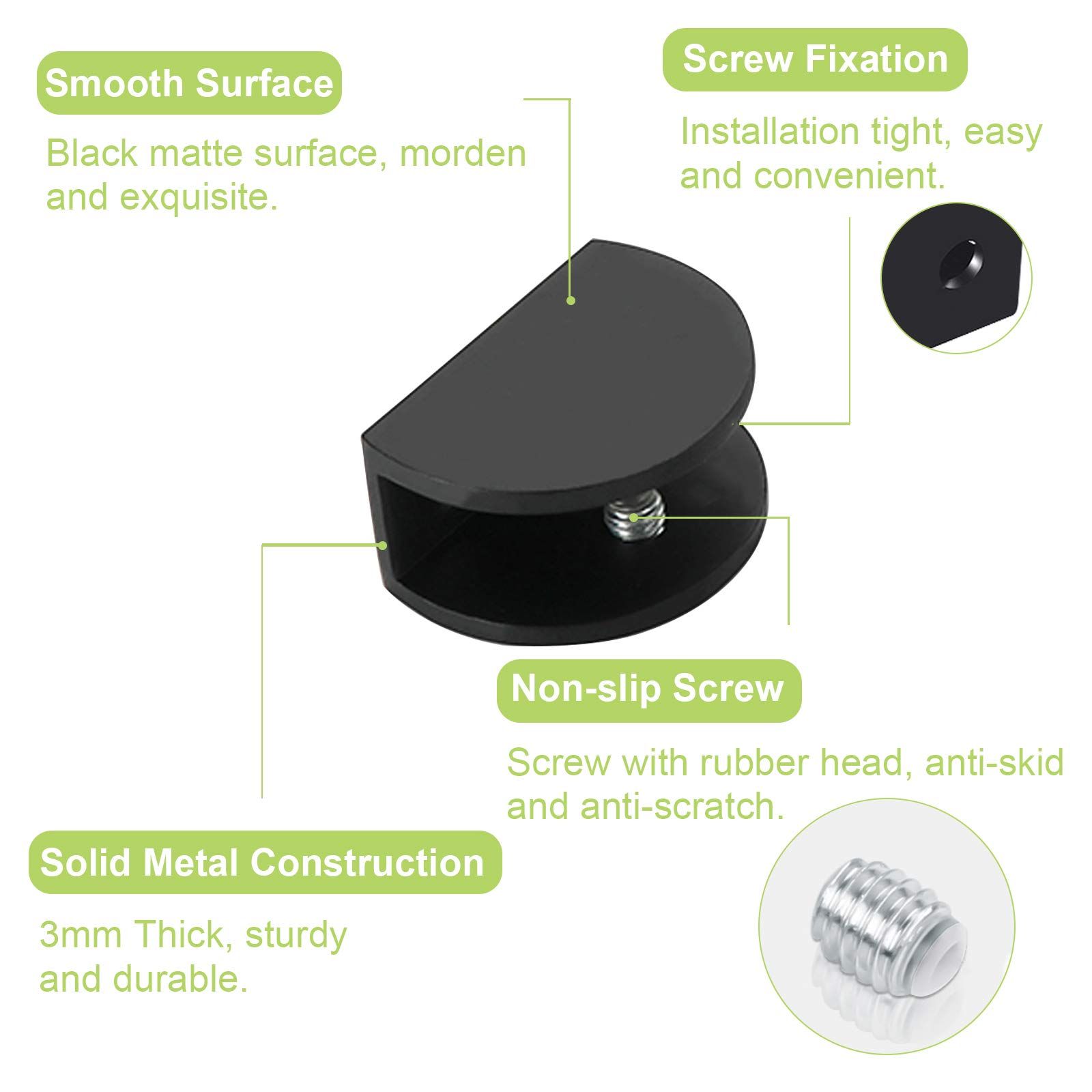 8pcs Adjustable Frameless Glass Shelf Bracket, Aluminum Alloy Shower Glass Clamp Clip for 10-12mm Wood/Glass, Matte Black