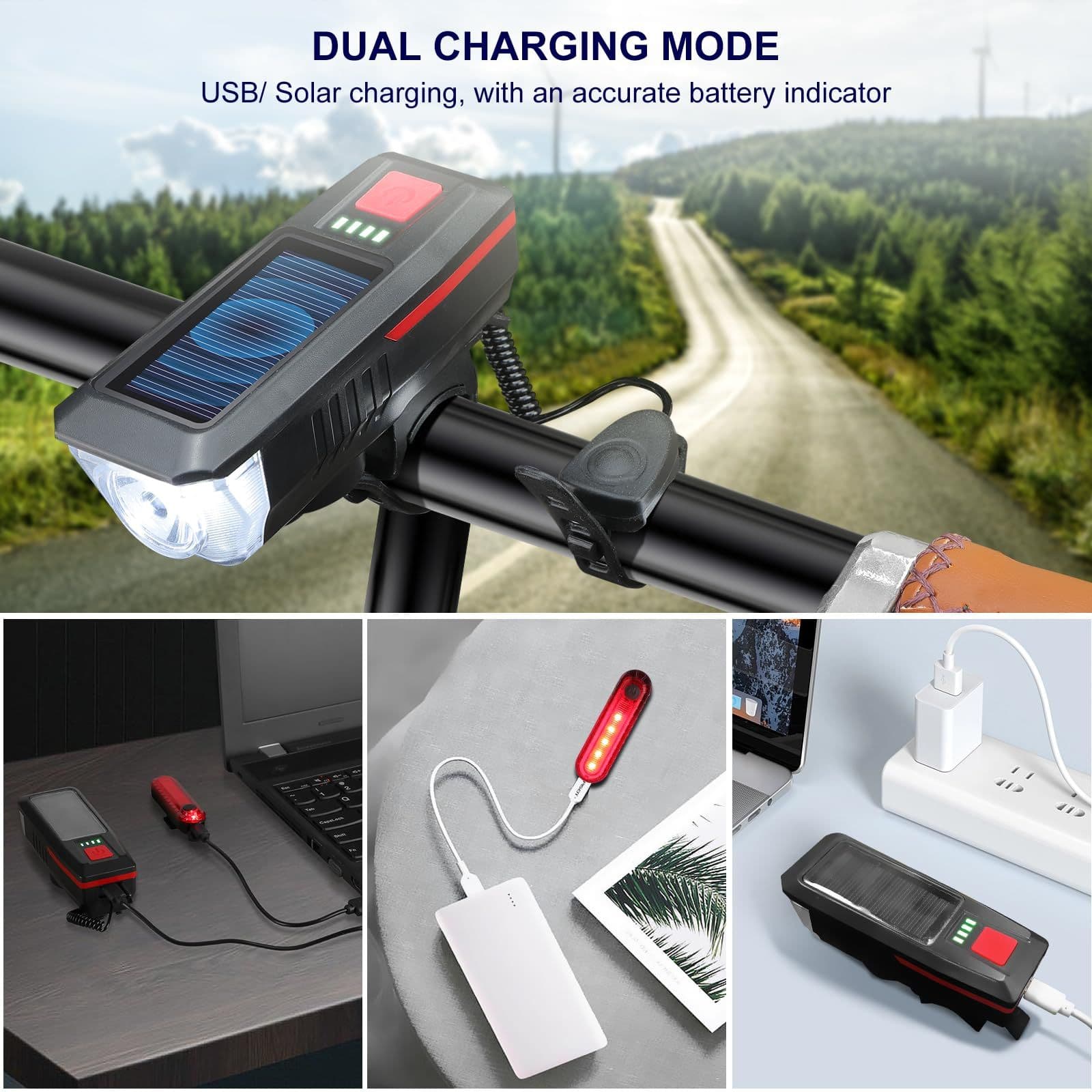 Multi-Functional Solar-Powered USB Rechargeable Battery Mountain Bike Front Light High Brightness 2000mAh Waterproof
