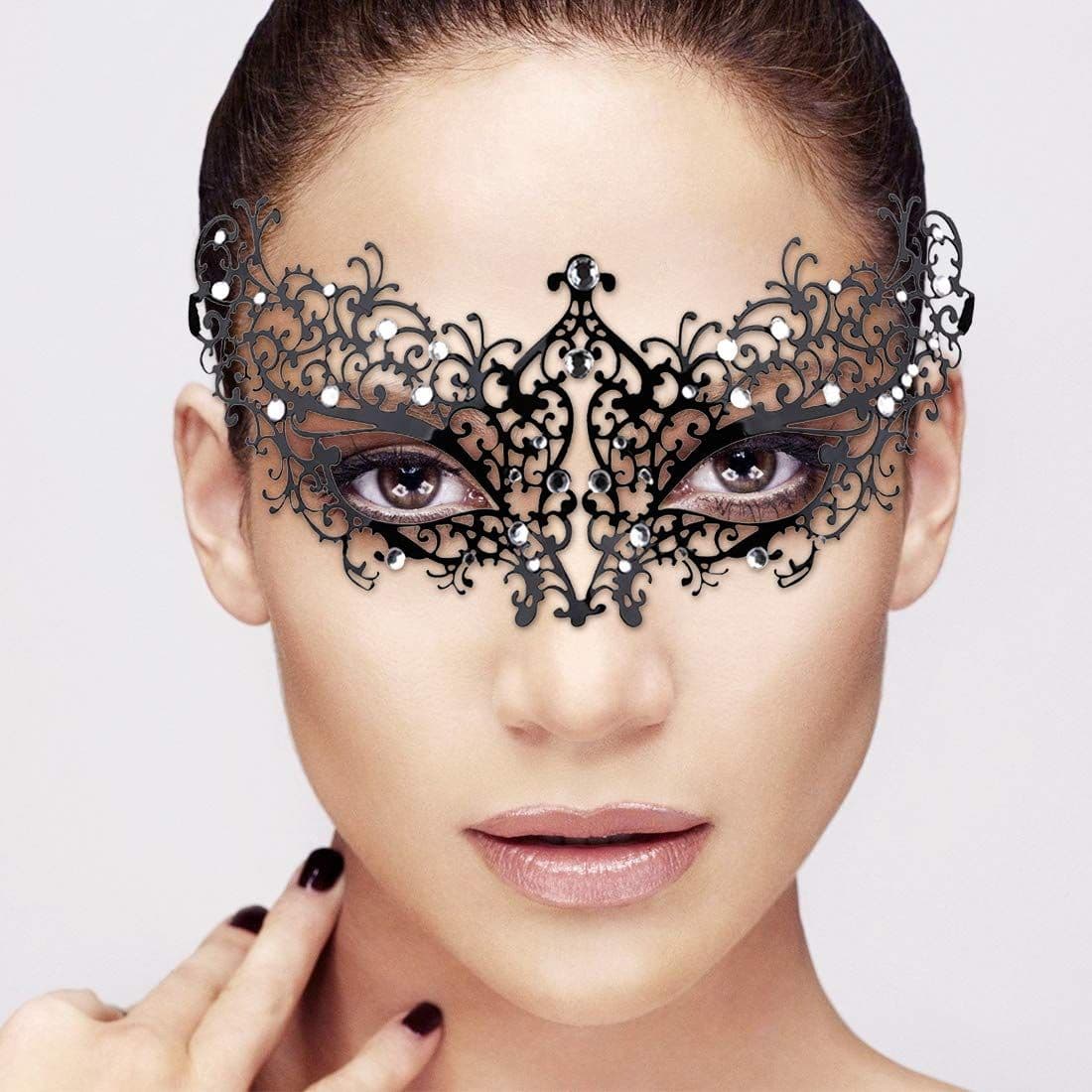 Metal Masquerade Mask for Women Ultralight Rhinestone Black Venetian One Size