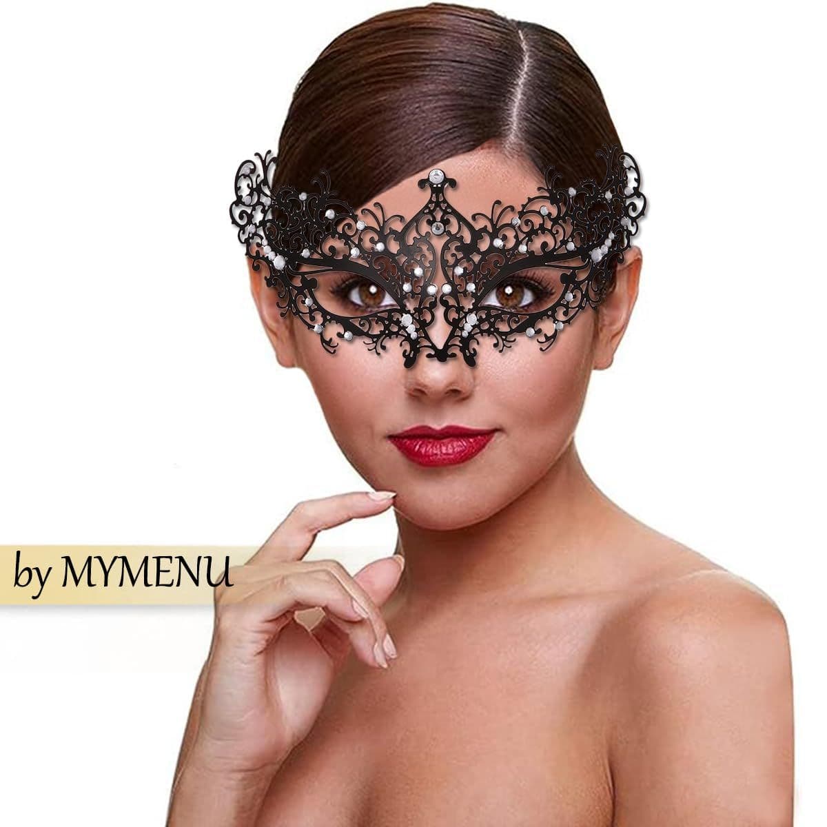 Metal Masquerade Mask for Women Ultralight Rhinestone Black Venetian One Size