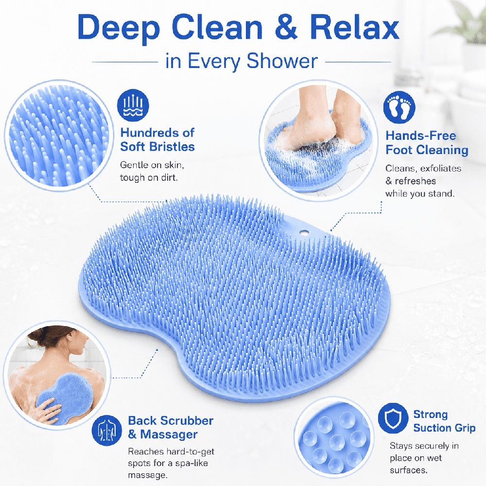 Shower Foot Scrubber, Exfoliating Bath Mat and Back Washer with Non-Slip Suction Cups for Men and Women