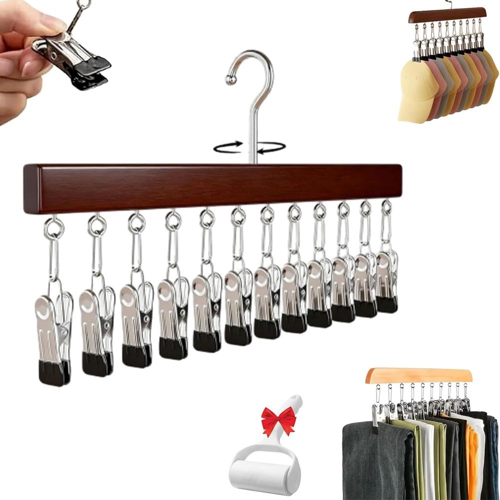 New Pure Wood Rotating Closet Organizer with 12 Clips - Vertical Space Saver & Wrinkle-Free Storage Solution for Jeans Leggings Skirts Hats