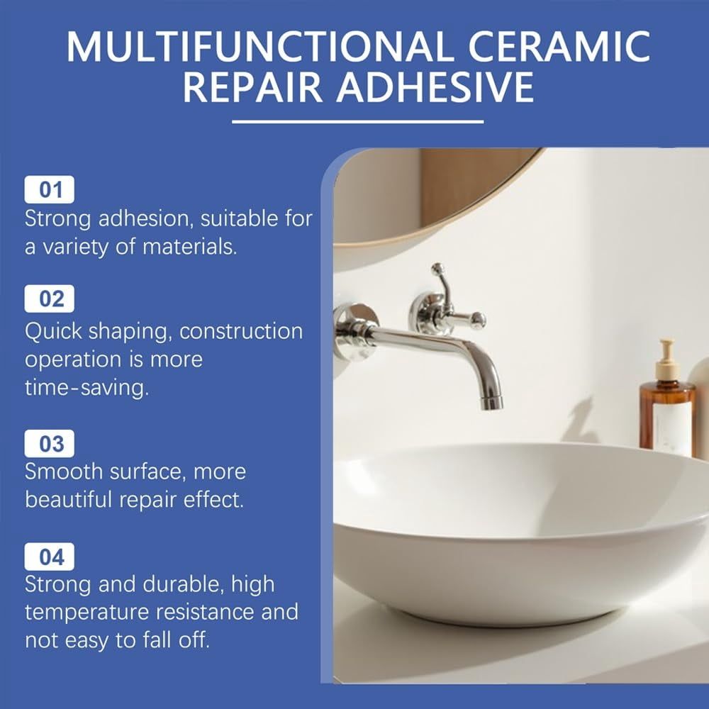 Multifunctional Ceramic Repair Adhesive, Strong Waterproof Porcelain Crack Filler, Strong Bond, Quick Drying & Waterproof, Ceramic Glue for Repairing Bathtubs,Toilets, Vases, Sinks, Tiles