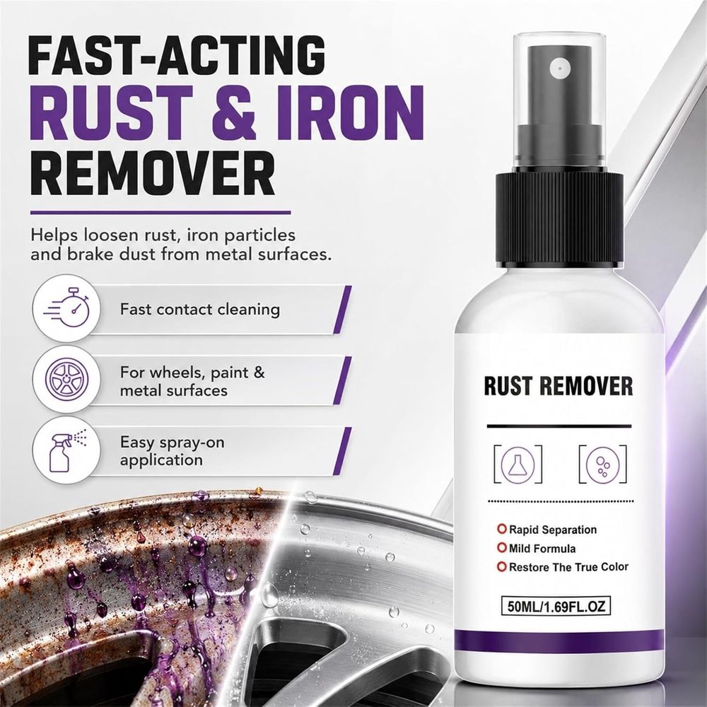 Powerful Rust Remover for Car Paint &Wheels,50 Ml Iron Powder Remover,Metal Paint Cleaner Spray, Iron Remover Car Detailing