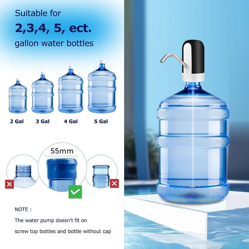 Water Dispenser for 5 Gallon ttle - Rechargeable Water Pump for 5 Gal Jug, BPA-Free, Food Grade Silicone e, Stainless Steel Spout - 30-40 Days Battery Life, Easy One Switch Operation
