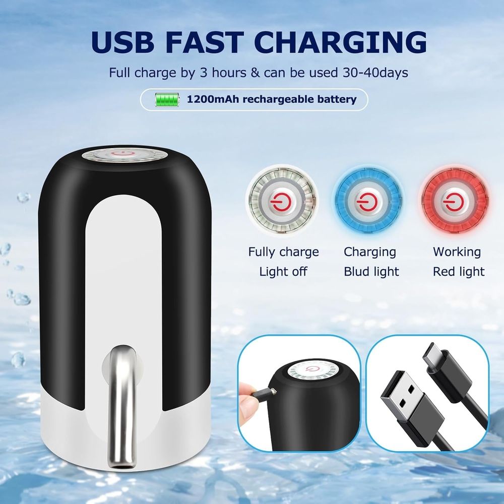 Water Dispenser for 5 Gallon ttle - Rechargeable Water Pump for 5 Gal Jug, BPA-Free, Food Grade Silicone e, Stainless Steel Spout - 30-40 Days Battery Life, Easy One Switch Operation