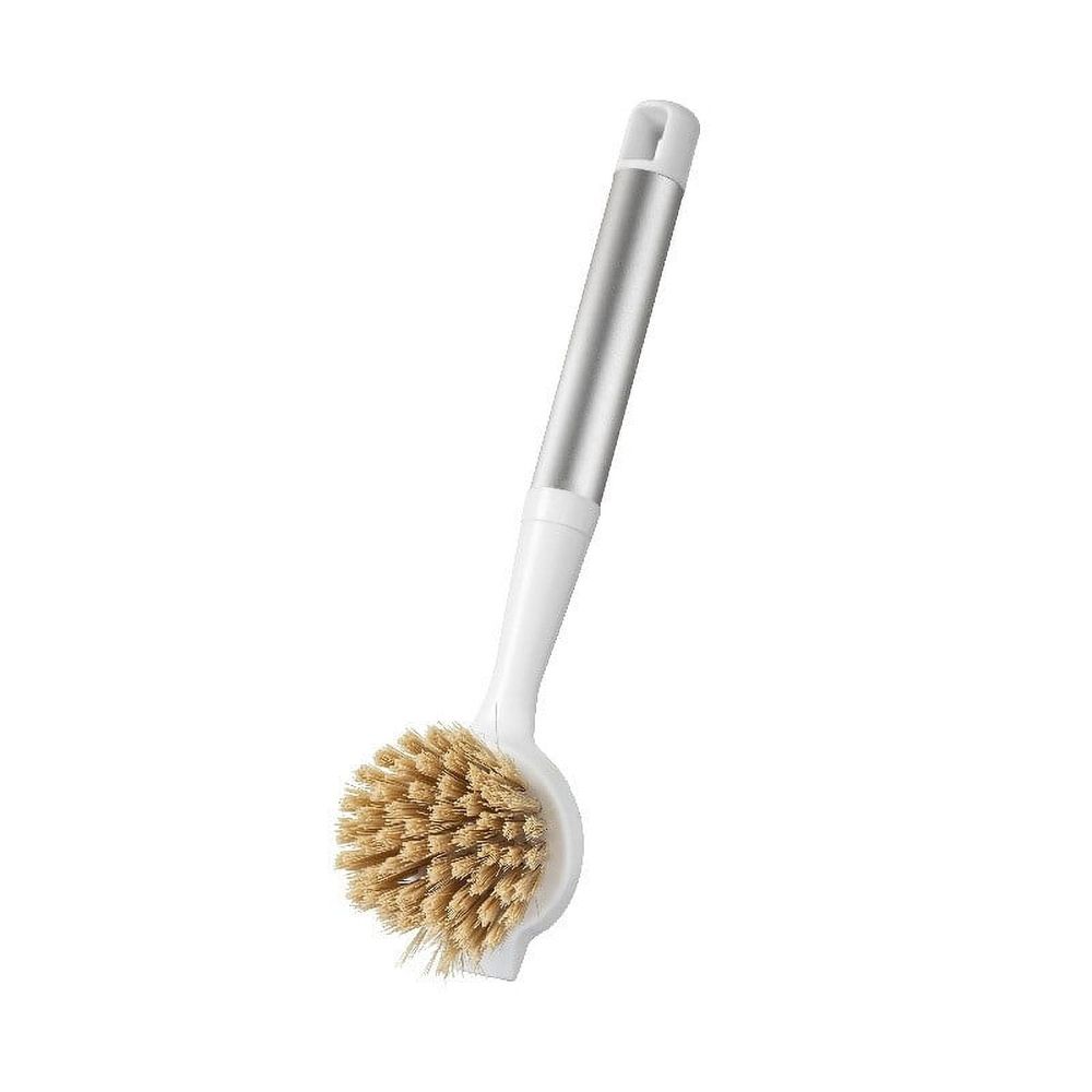 Long Handle Pot & Pan Cleaning Brush | PVC Scrub Brush for Kitchen & Bathroom | Non-Slip Grip | 10.6-Inch White Dish Brush for Stubborn Stains & Grease