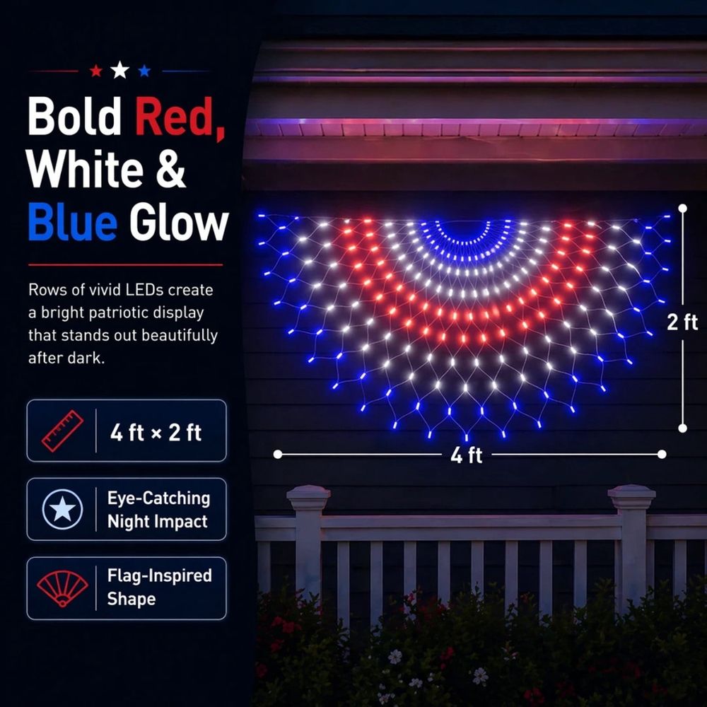 Patriotic Fan Flag Net Light LED Outdoor Decorations for Independence Day 4th of July - Festive Red White Blue Lighting Fan Shaped Decorative Net Light for Home Porch Yard Wall Window Party Decor