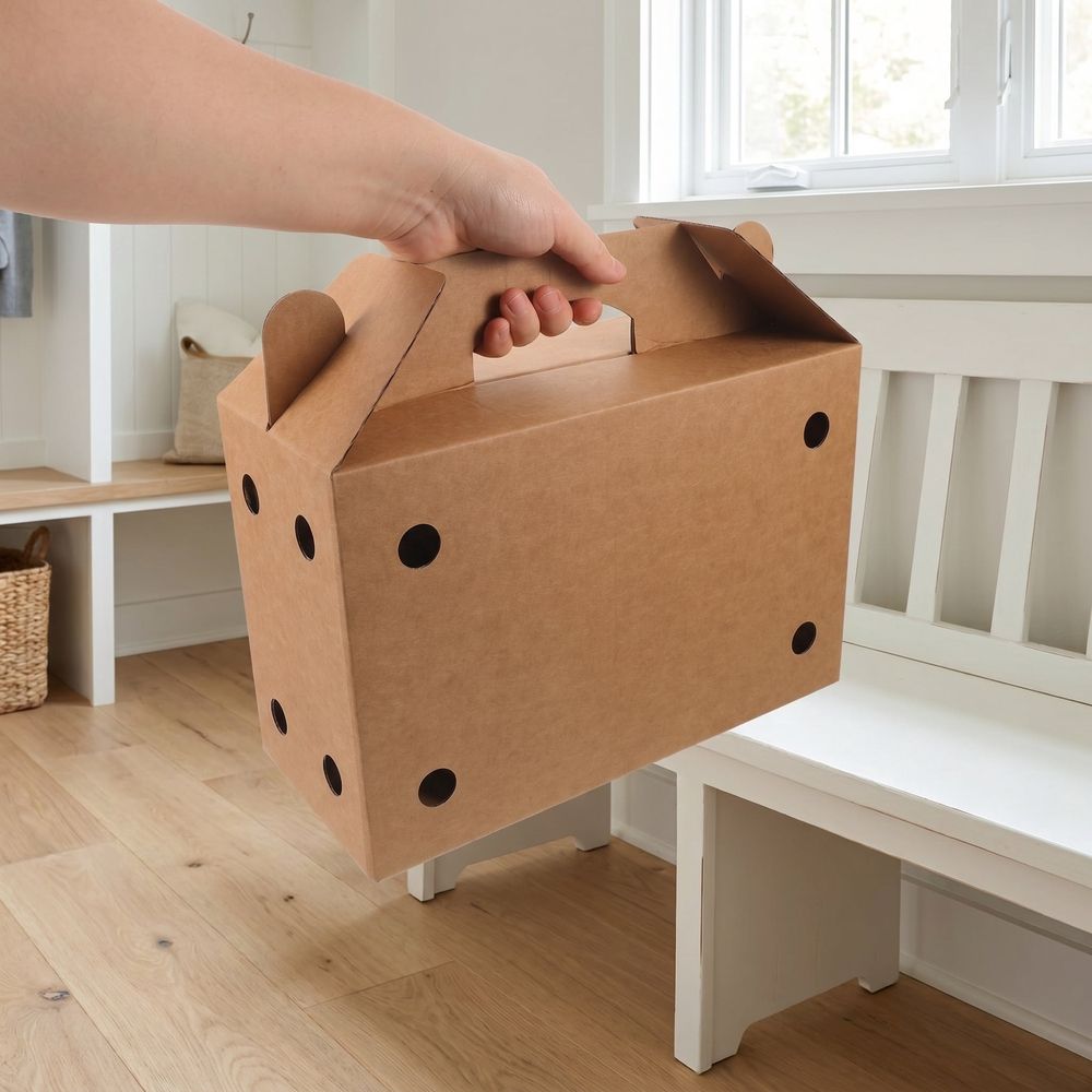 Set of 6 Ventilated Light Brown Cardboard Carrier Boxes with Handles for Small Pets and Birds Transport