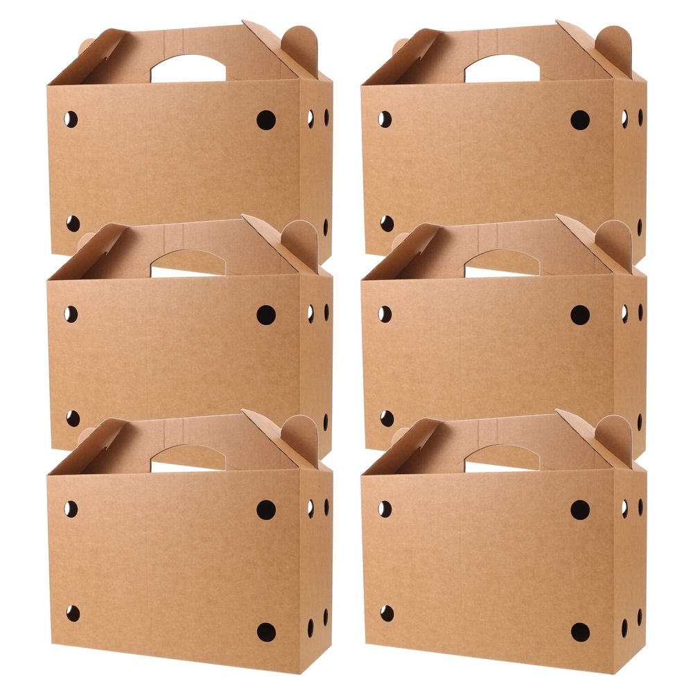 Set of 6 Ventilated Light Brown Cardboard Carrier Boxes with Handles for Small Pets and Birds Transport