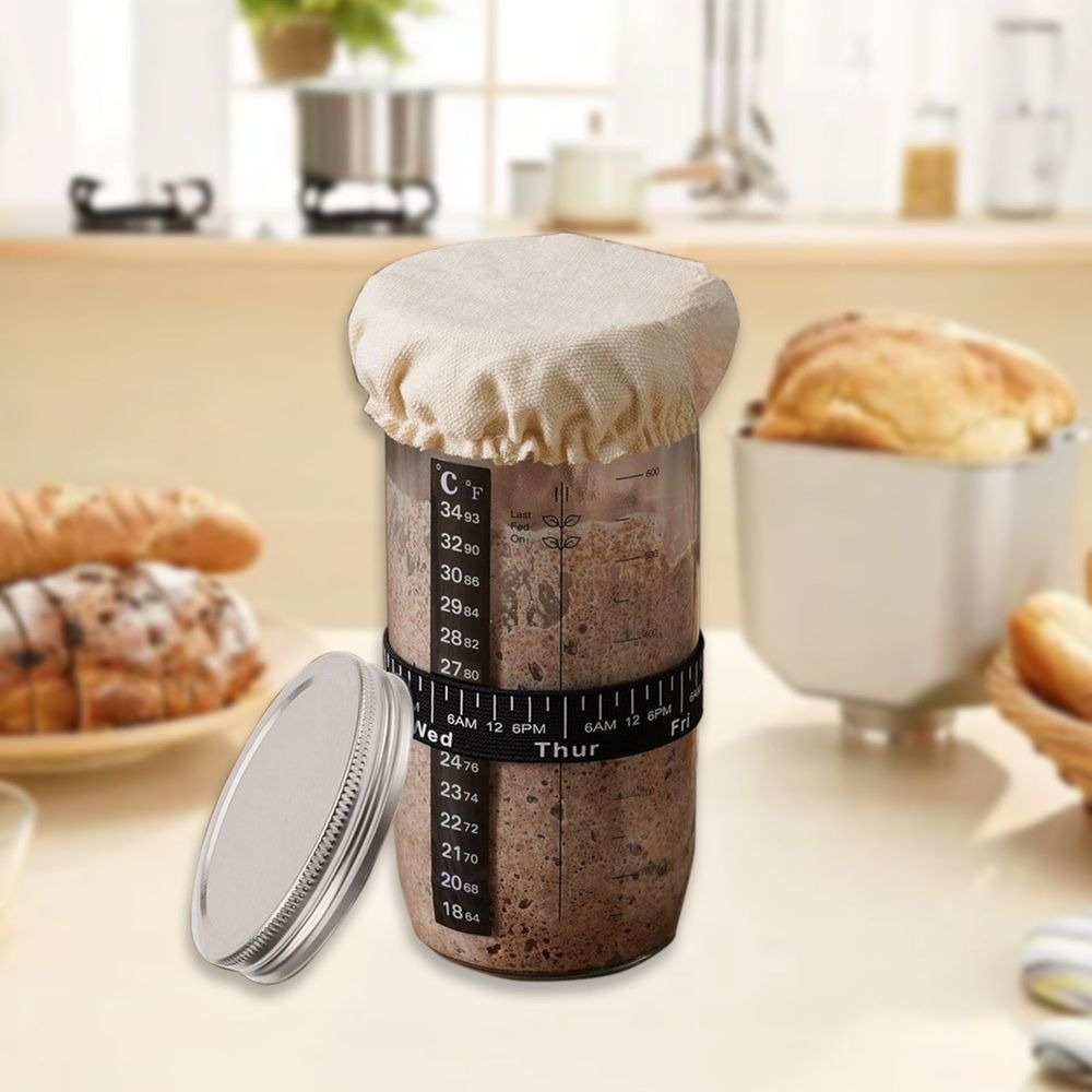 Sourdough Starter Jars, Wide Mouth Sour Dough Bread Dough Starter Jar, 24 oz Sourdough Container with Thermometer, Feeding Band and Scraper, Reusable Fermentation Jar for Bread Baking