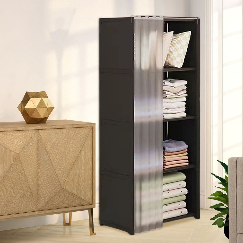 Multi-Tier Floor Standing Clothing Storage Cabinet with Bookshelf Shelving | 4-Layer Compartment Organizer with Dust-Proof Curtain | Space-Saving Wardrobe for Bedroom, Dorm & Room | 1 Pack