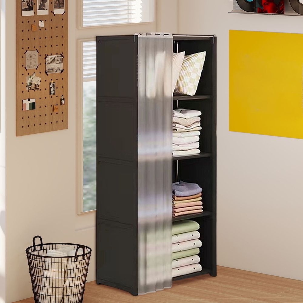 Multi-Tier Floor Standing Clothing Storage Cabinet with Bookshelf Shelving | 4-Layer Compartment Organizer with Dust-Proof Curtain | Space-Saving Wardrobe for Bedroom, Dorm & Room | 1 Pack