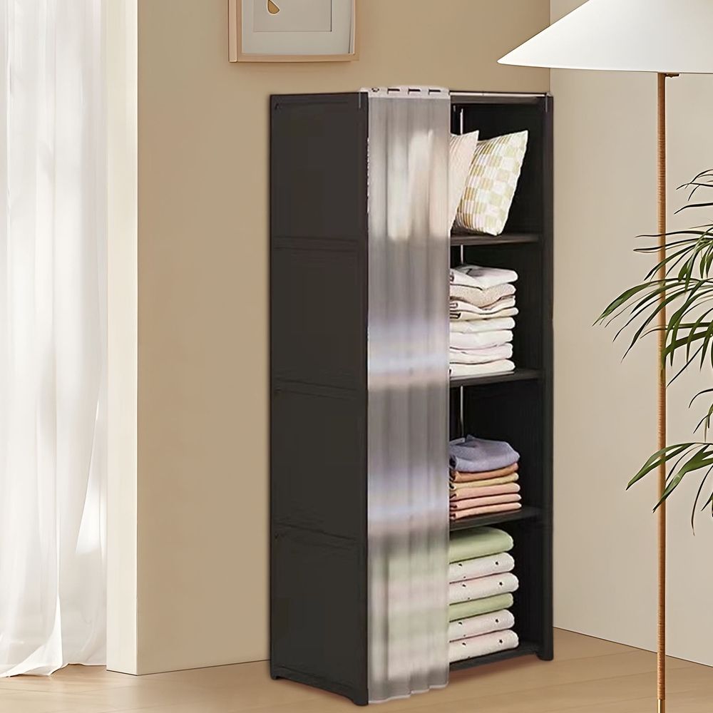Multi-Tier Floor Standing Clothing Storage Cabinet with Bookshelf Shelving | 4-Layer Compartment Organizer with Dust-Proof Curtain | Space-Saving Wardrobe for Bedroom, Dorm & Room | 1 Pack