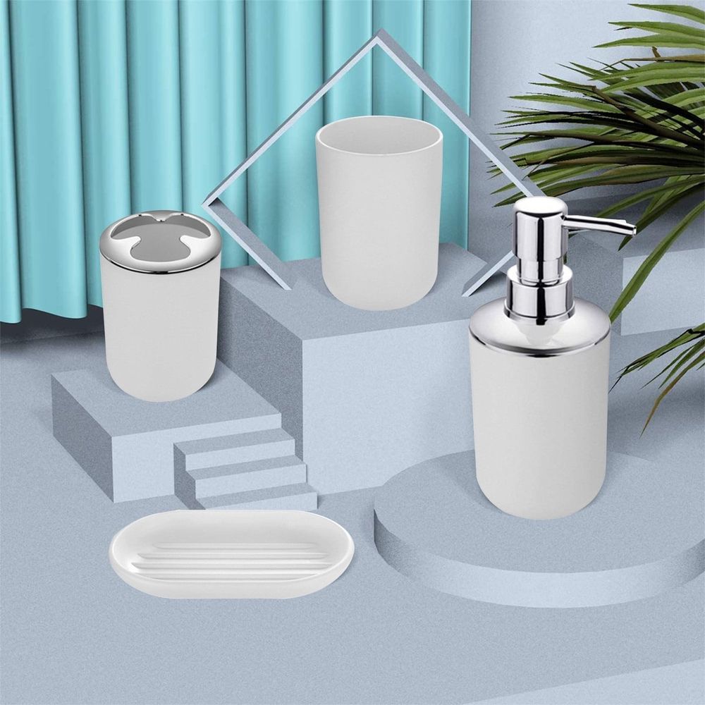 4-Piece Bathroom Accessory Set, Plastic Bathroom Accessory Set, Includes: Soap Dispenser with Chrome Pump, Toothbrush Holder, Tumbler and Soap Dish, for Modern & Contemporary Bathrooms
