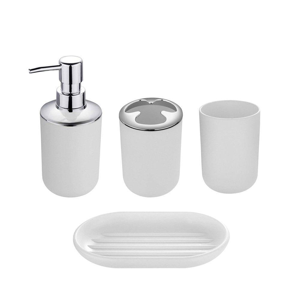 4-Piece Bathroom Accessory Set, Plastic Bathroom Accessory Set, Includes: Soap Dispenser with Chrome Pump, Toothbrush Holder, Tumbler and Soap Dish, for Modern & Contemporary Bathrooms