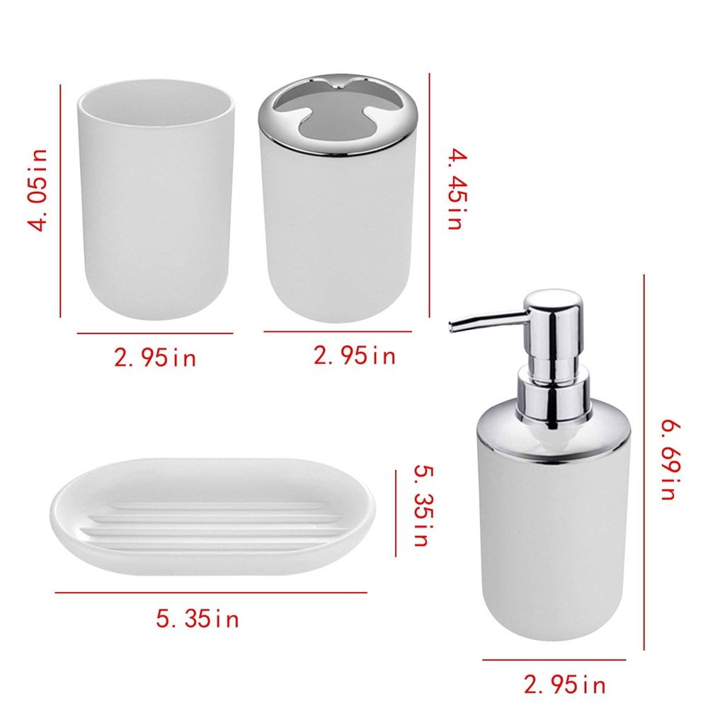 4-Piece Bathroom Accessory Set, Plastic Bathroom Accessory Set, Includes: Soap Dispenser with Chrome Pump, Toothbrush Holder, Tumbler and Soap Dish, for Modern & Contemporary Bathrooms
