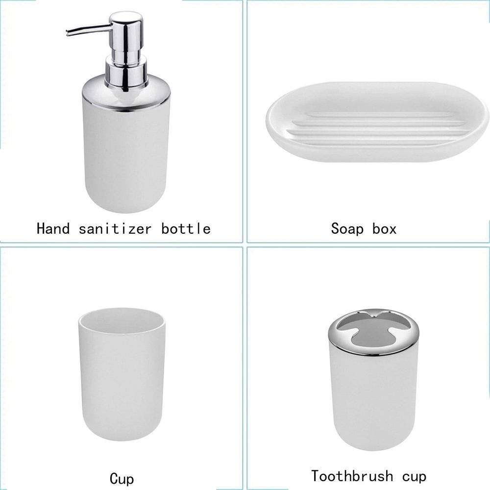 4-Piece Bathroom Accessory Set, Plastic Bathroom Accessory Set, Includes: Soap Dispenser with Chrome Pump, Toothbrush Holder, Tumbler and Soap Dish, for Modern & Contemporary Bathrooms