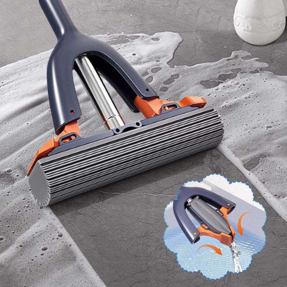 Sponge Mop with Wringer | Hand Wash Roller Rubber Mop for Tile & Hardwood Floors | Thickened Foldable Squeeze Mop Head with Built-in Scrub Brush | 1 Mop