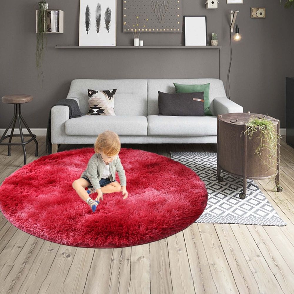 Red Round Shag Rug for Living Room & Bedroom | 43.3 Inch Non-Shedding High Pile Area Rug with Non-Slip Rubber Backing | 1.5 Inch Thick Fluffy Throw Rug, 1 Piece