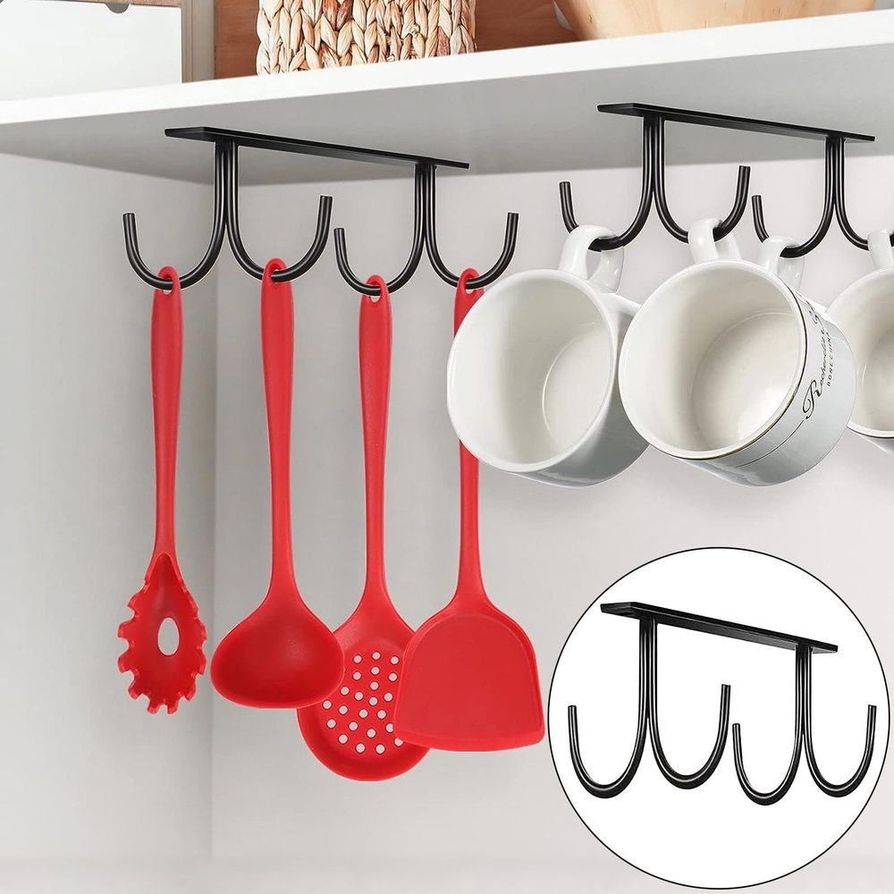 Under Cabinet Cup Holder | Coffee Cup Hanger Organizer | Hanging Cup Rack for Mugs and Wine Glasses | Storage Rack for Kitchen Cabinet Shelf | Space Saving Cup Hook Display for Cups, Rags| 4 Hooks