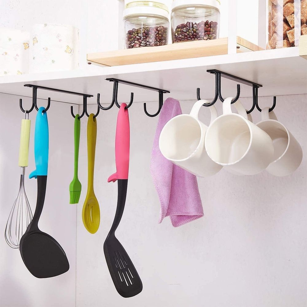 Under Cabinet Cup Holder | Coffee Cup Hanger Organizer | Hanging Cup Rack for Mugs and Wine Glasses | Storage Rack for Kitchen Cabinet Shelf | Space Saving Cup Hook Display for Cups, Rags| 4 Hooks
