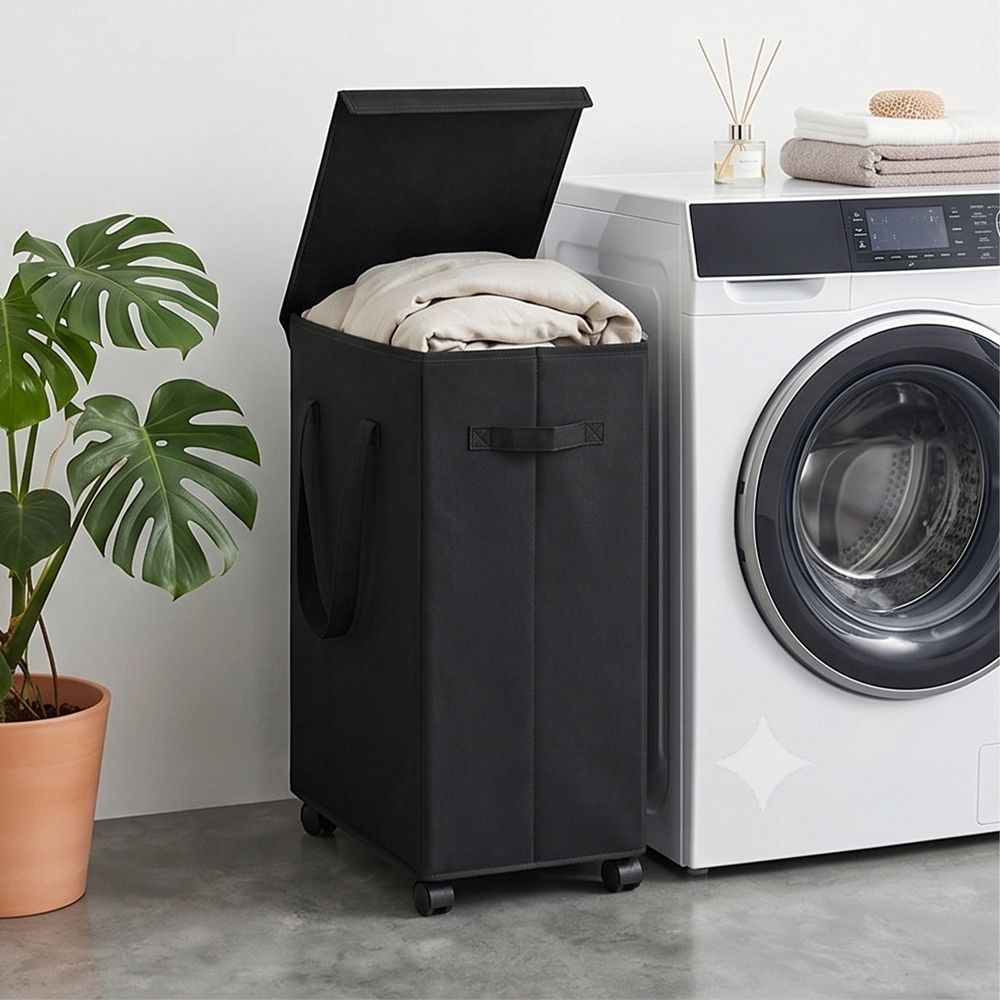 65L Slim Rolling Laundry Hamper with Lid - Foldable Fabric Dirty Clothes Basket on Wheels with Handles for Bathroom Bedroom Laundry Room Storage - Narrow Design for Tight Spaces - 2 Pack