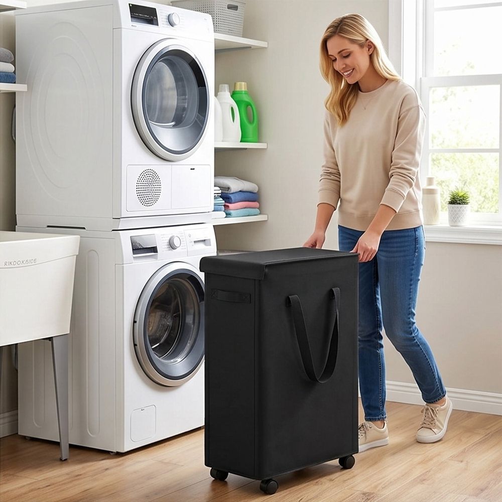 65L Slim Rolling Laundry Hamper with Lid - Foldable Fabric Dirty Clothes Basket on Wheels with Handles for Bathroom Bedroom Laundry Room Storage - Narrow Design for Tight Spaces - 2 Pack