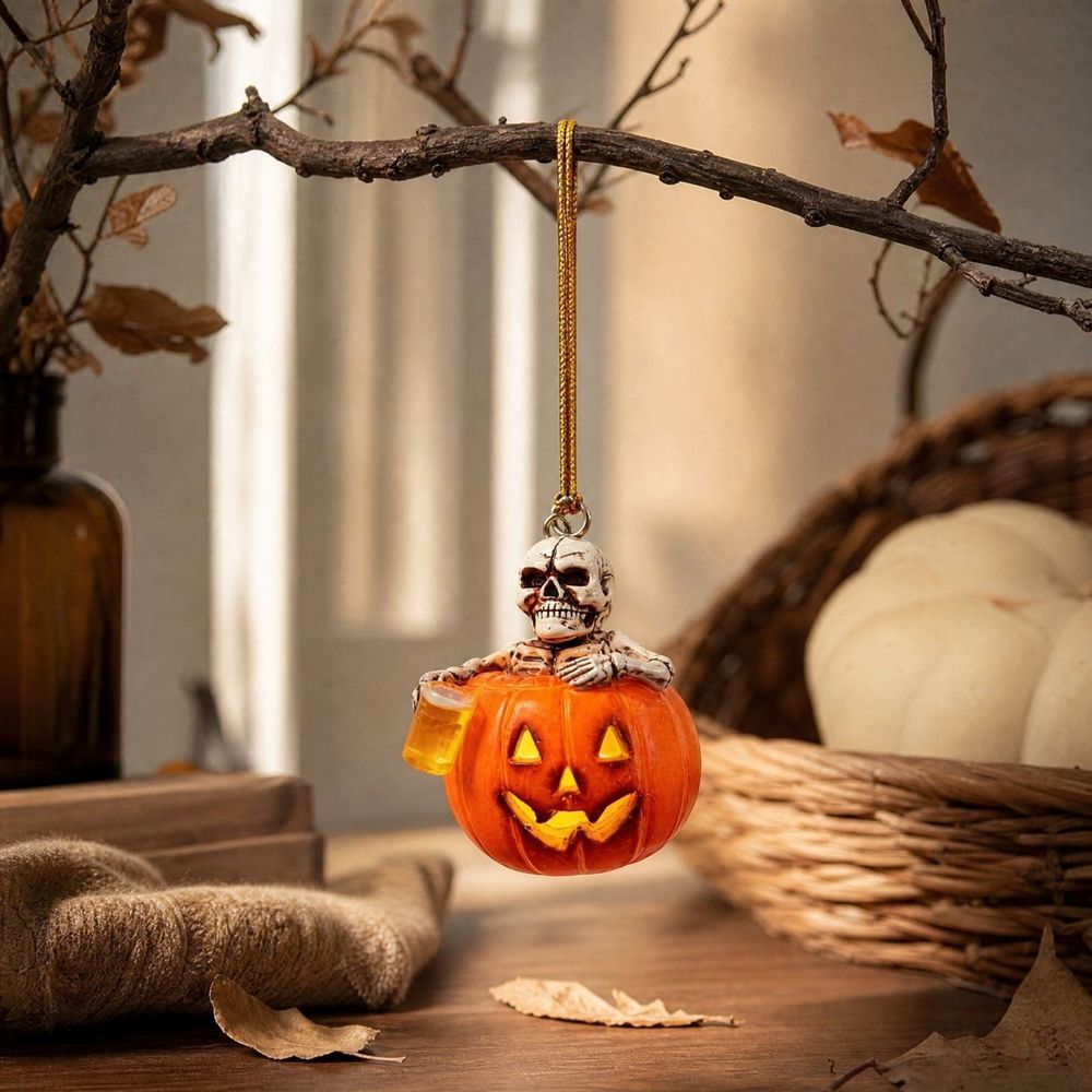 Halloween Skeleton Pumpkin Hanging Ornament Light Up Skull with Beer Cup Resin Decoration for Tree Branch Mantel Window Porch Wall Shelf Party Decor Home 2 inch