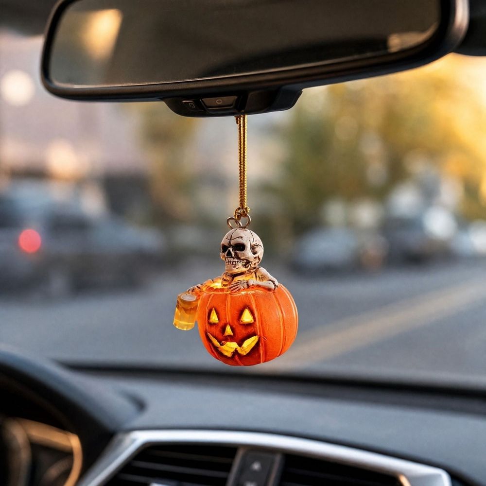Halloween Skeleton Pumpkin Hanging Ornament Light Up Skull with Beer Cup Resin Decoration for Tree Branch Mantel Window Porch Wall Shelf Party Decor Home 2 inch