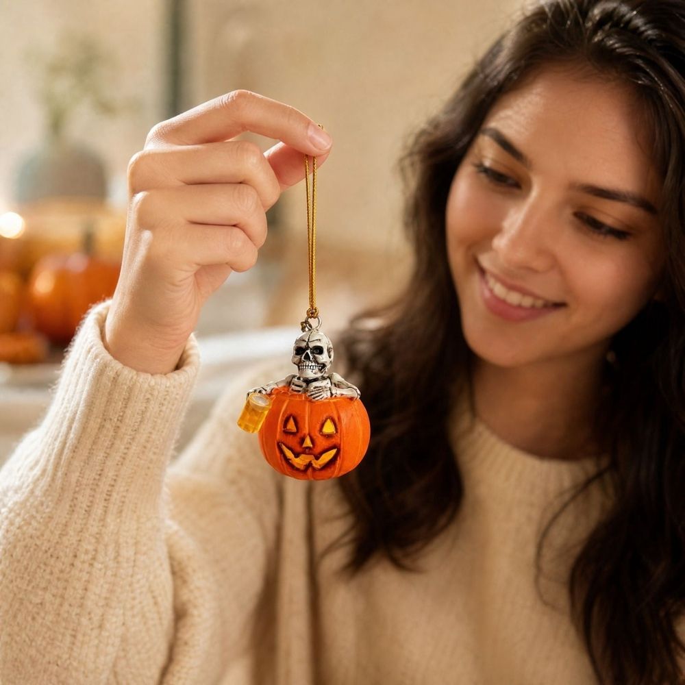 Halloween Skeleton Pumpkin Hanging Ornament Light Up Skull with Beer Cup Resin Decoration for Tree Branch Mantel Window Porch Wall Shelf Party Decor Home 2 inch