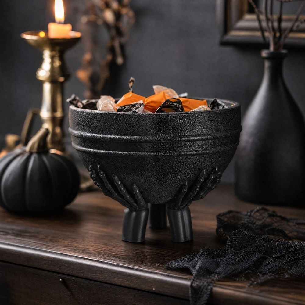Skeleton Hands Cauldron Planter, Black Resin Witch Pot With Spooky Claw Hand Base, Halloween Tabletop Decor for Succulents Candy Storage Home Party 7 inch
