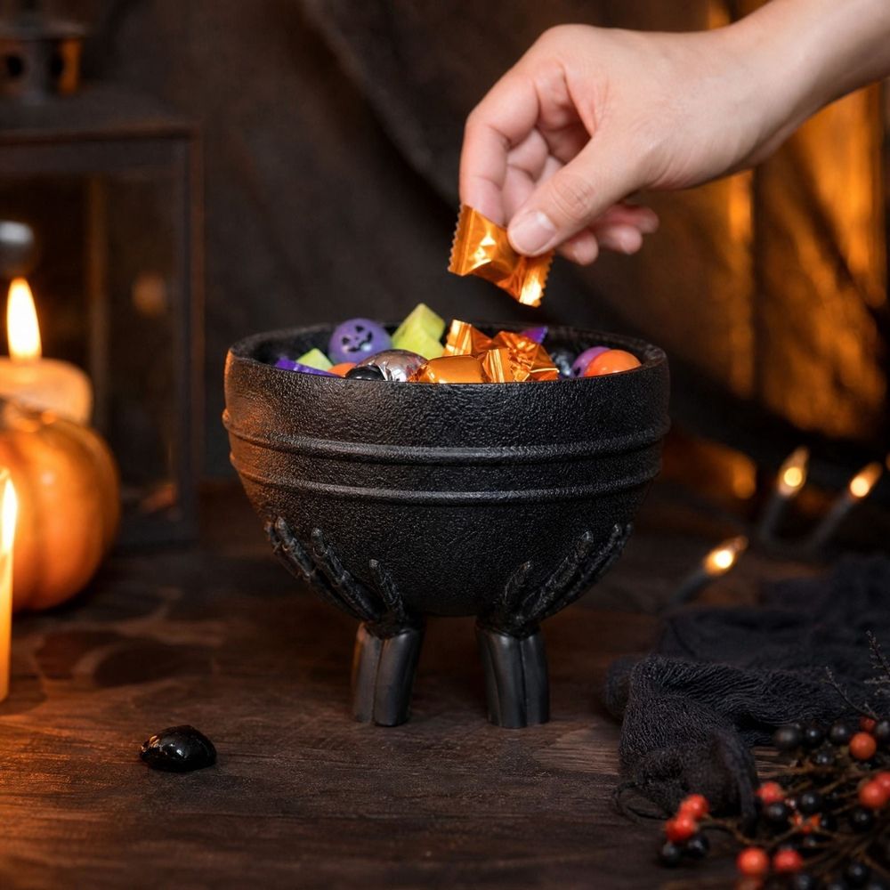 Skeleton Hands Cauldron Planter, Black Resin Witch Pot With Spooky Claw Hand Base, Halloween Tabletop Decor for Succulents Candy Storage Home Party 7 inch