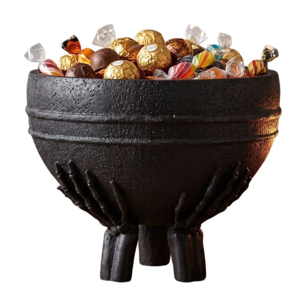 Skeleton Hands Cauldron Planter, Black Resin Witch Pot With Spooky Claw Hand Base, Halloween Tabletop Decor for Succulents Candy Storage Home Party 7 inch