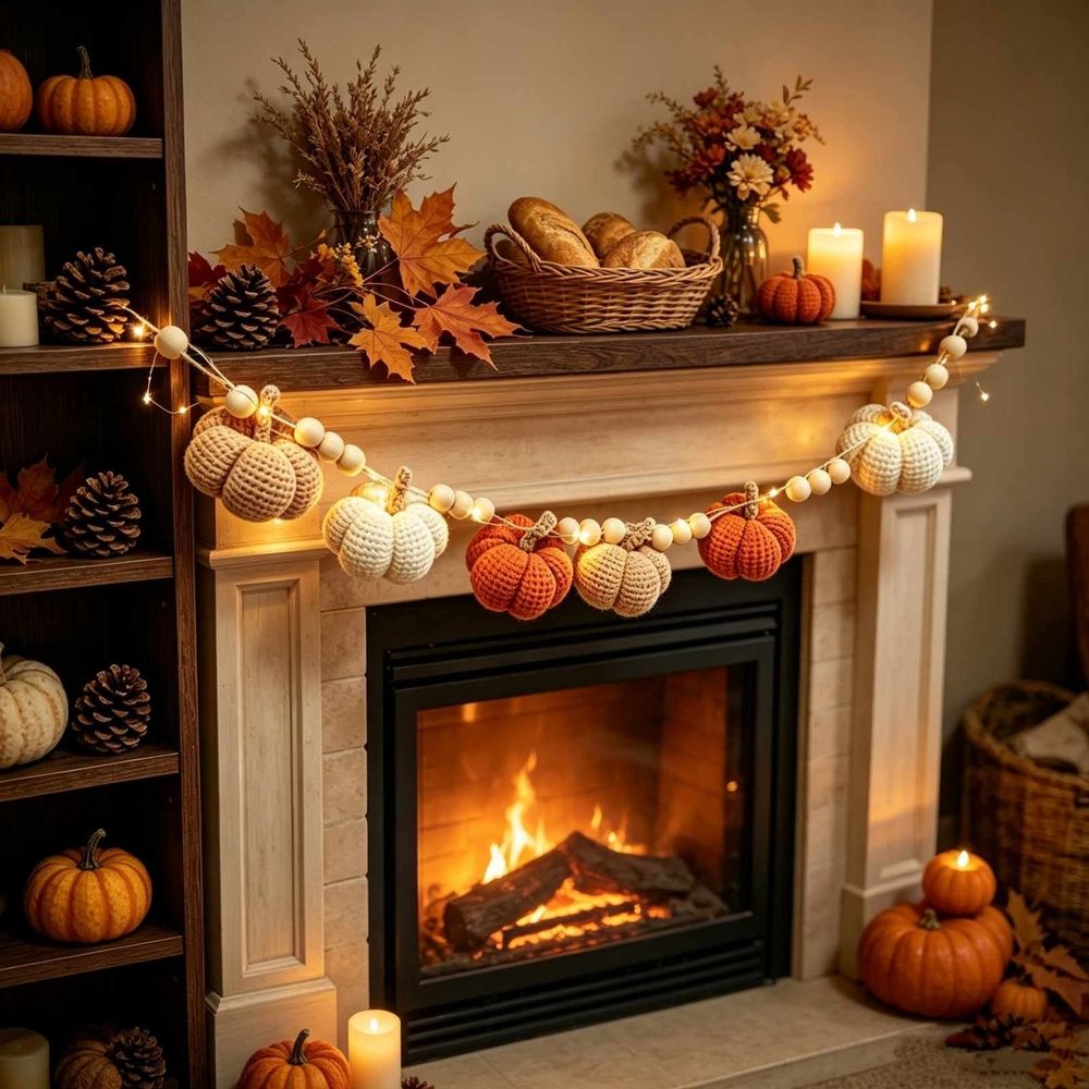 Fall Knit Pumpkin Garland With String Lights Handmade Crochet Pumpkin Hanging Decor for Halloween Thanksgiving Mantel Doorway Table 79 inch