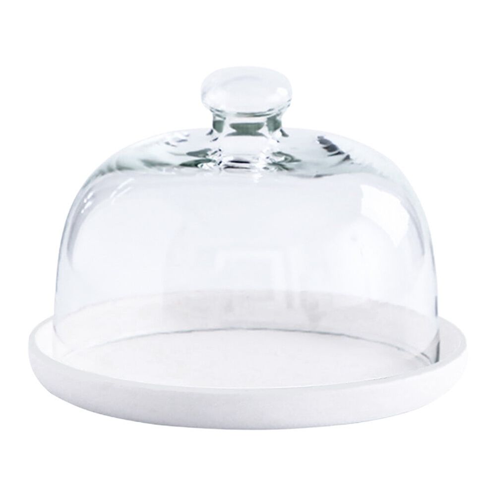 White Ceramic Cake Plate with Glass Cover for Decoration and Fruit Display Stand 7 Inch