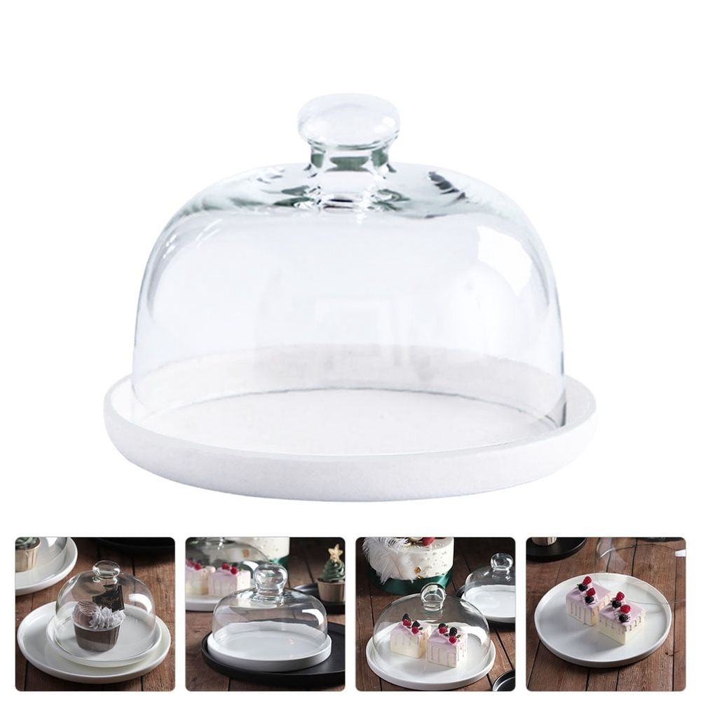 White Ceramic Cake Plate with Glass Cover for Decoration and Fruit Display Stand 7 Inch