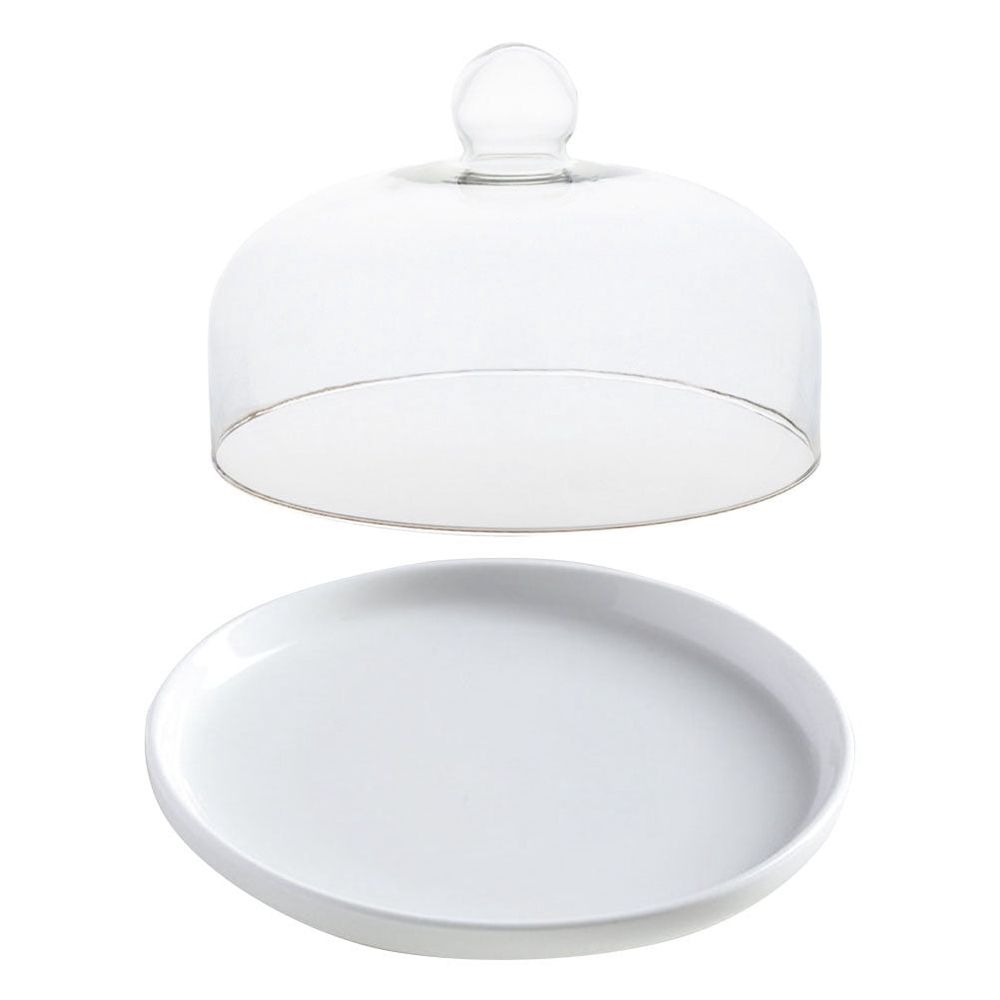 White Ceramic Cake Plate with Glass Cover for Decoration and Fruit Display Stand 7 Inch