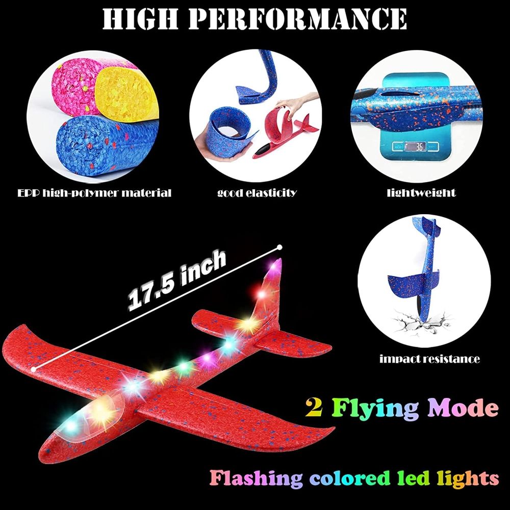 4 Pack LED Light Airplane Toys-17.5" Large Throwing Foam Plane Outdoor Flying Toys for Kids-Flying Toys Gift for Boys Girls 3 4 5 6 7 8 9 Years Old
