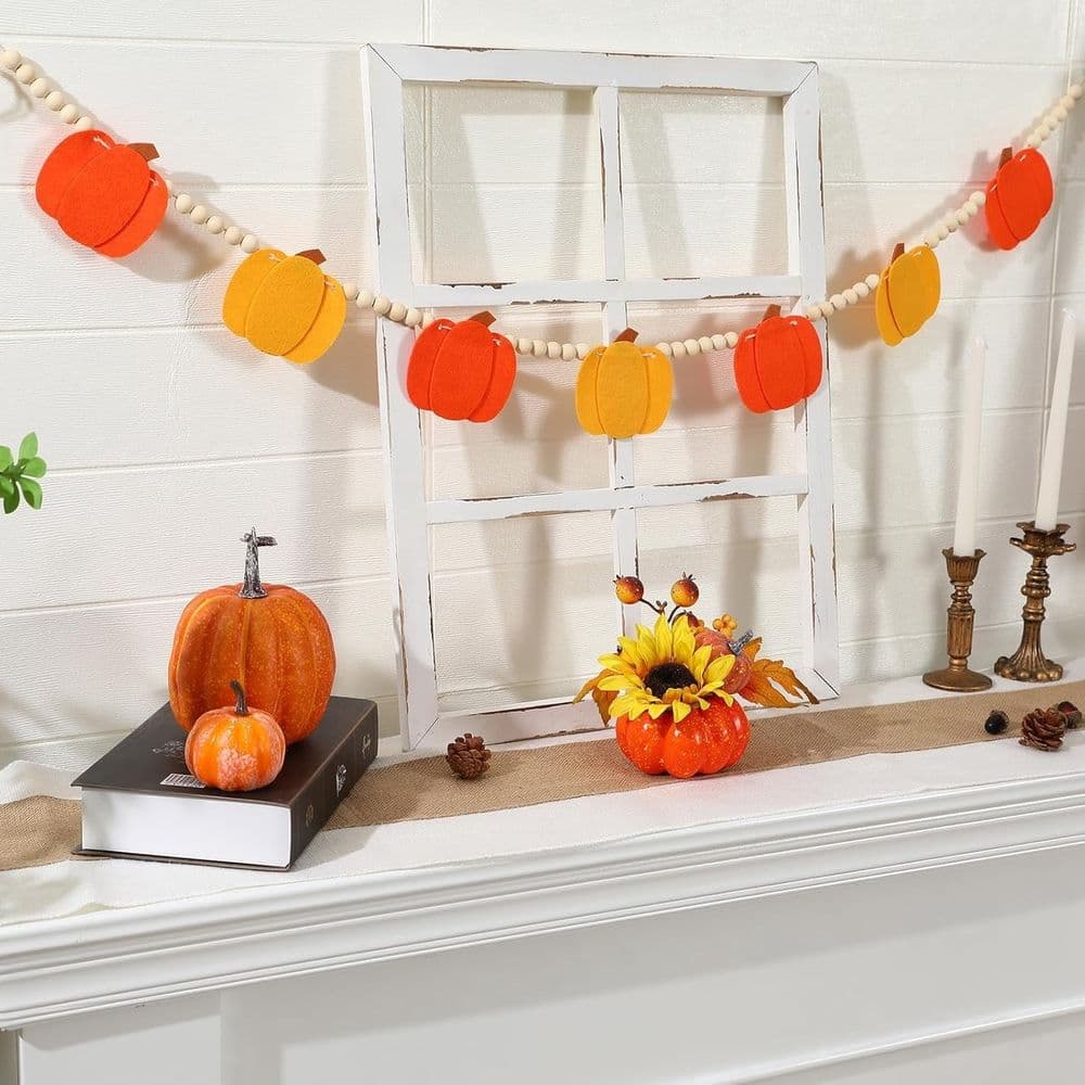 Felt Pumpkins Wood Bead Garland for Fall Decor- Halloween Thanksgiving Farmhouse Felt Pumpkins Banner for Fireplace Mantel Walls