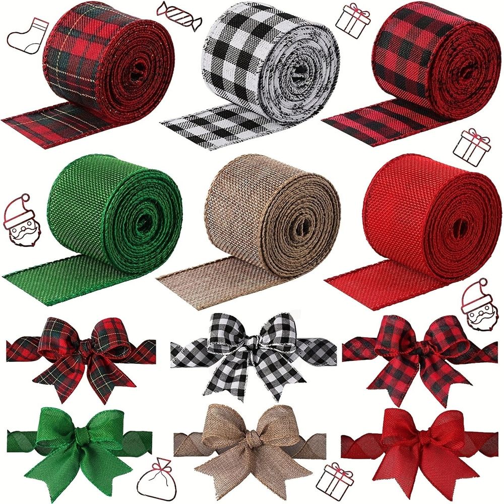 Christmas Wired Edge Ribbons Fabric Ribbon Roll Black Red White Buffalo Plaid Ribbon Wide Craft Ribbon Xmas Tree Crafts Decoration DIY Gift Wrap,2 Inch X 5 Yards Each Roll