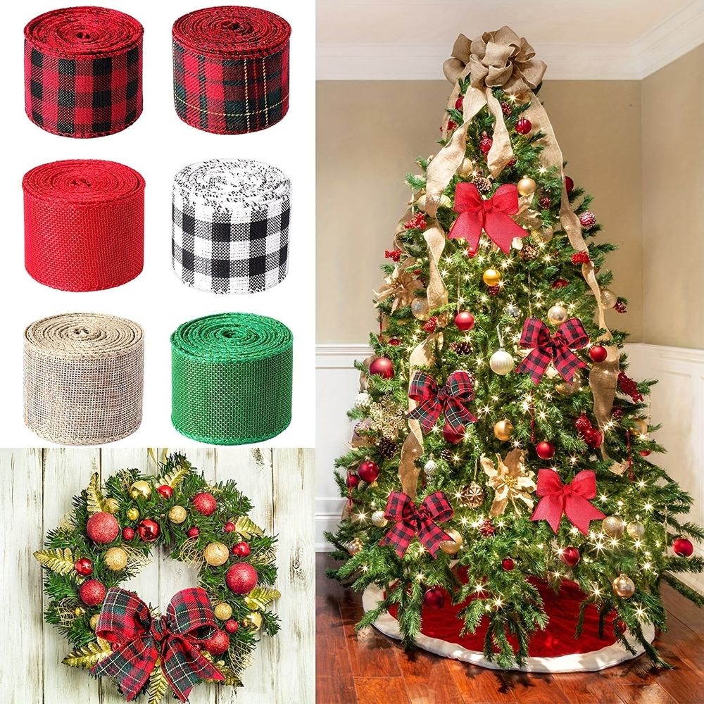 Christmas Wired Edge Ribbons Fabric Ribbon Roll Black Red White Buffalo Plaid Ribbon Wide Craft Ribbon Xmas Tree Crafts Decoration DIY Gift Wrap,2 Inch X 5 Yards Each Roll