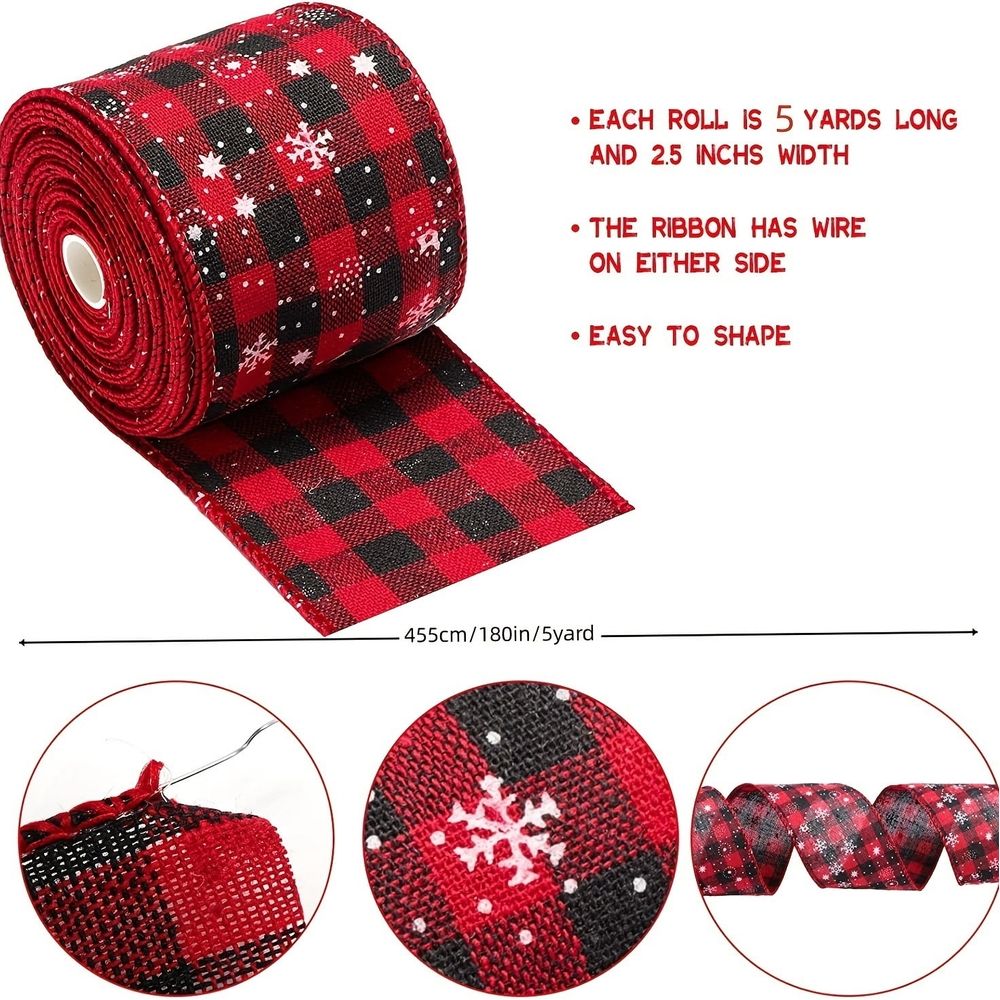 Christmas Wired Edge Ribbons Fabric Ribbon Roll Black Red White Buffalo Plaid Ribbon Wide Craft Ribbon Xmas Tree Crafts Decoration DIY Gift Wrap,2 Inch X 5 Yards Each Roll