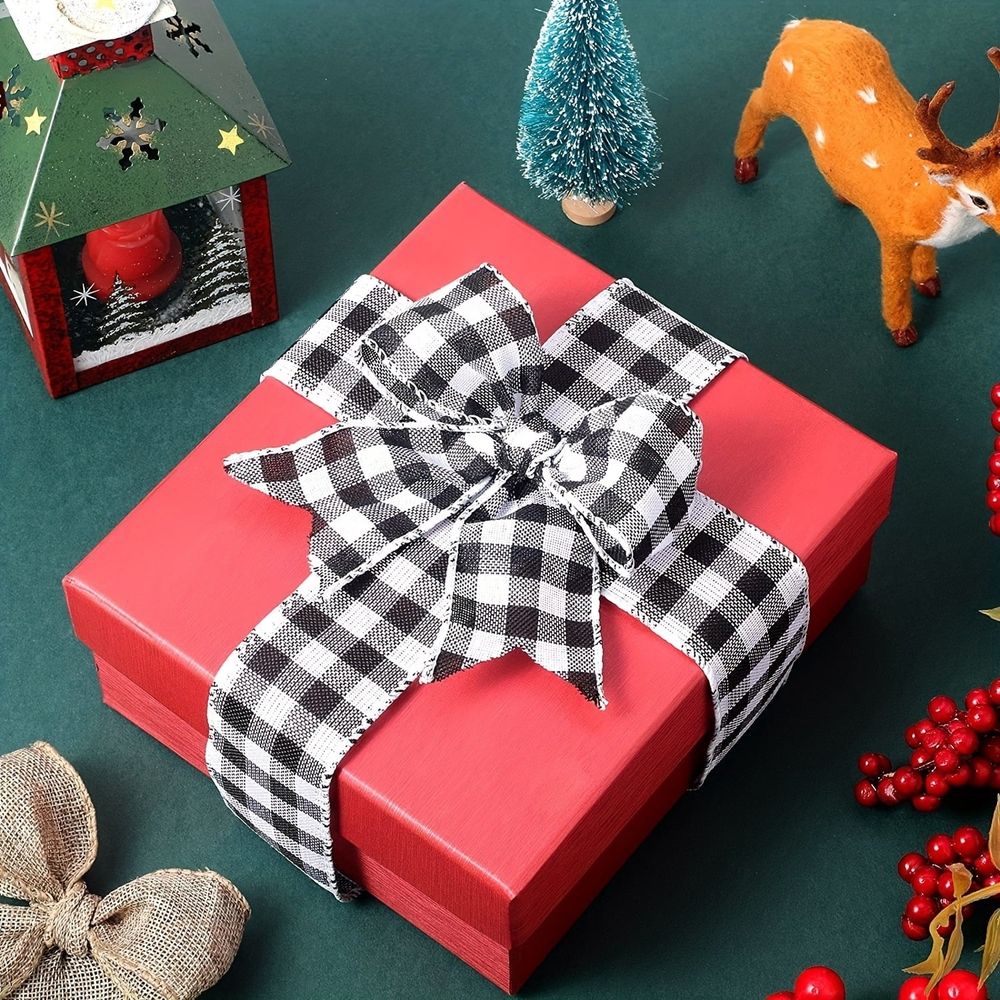 Christmas Wired Edge Ribbons Fabric Ribbon Roll Black Red White Buffalo Plaid Ribbon Wide Craft Ribbon Xmas Tree Crafts Decoration DIY Gift Wrap,2 Inch X 5 Yards Each Roll