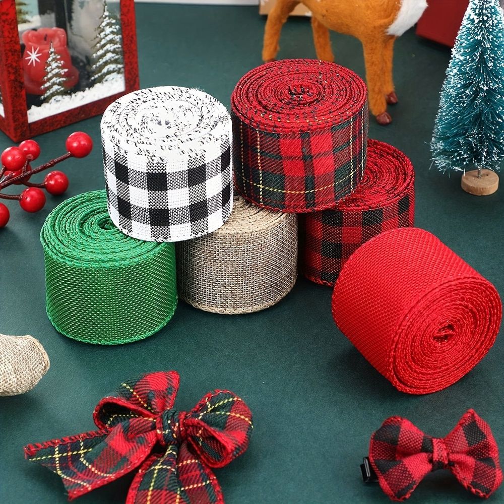 Christmas Wired Edge Ribbons Fabric Ribbon Roll Black Red White Buffalo Plaid Ribbon Wide Craft Ribbon Xmas Tree Crafts Decoration DIY Gift Wrap,2 Inch X 5 Yards Each Roll