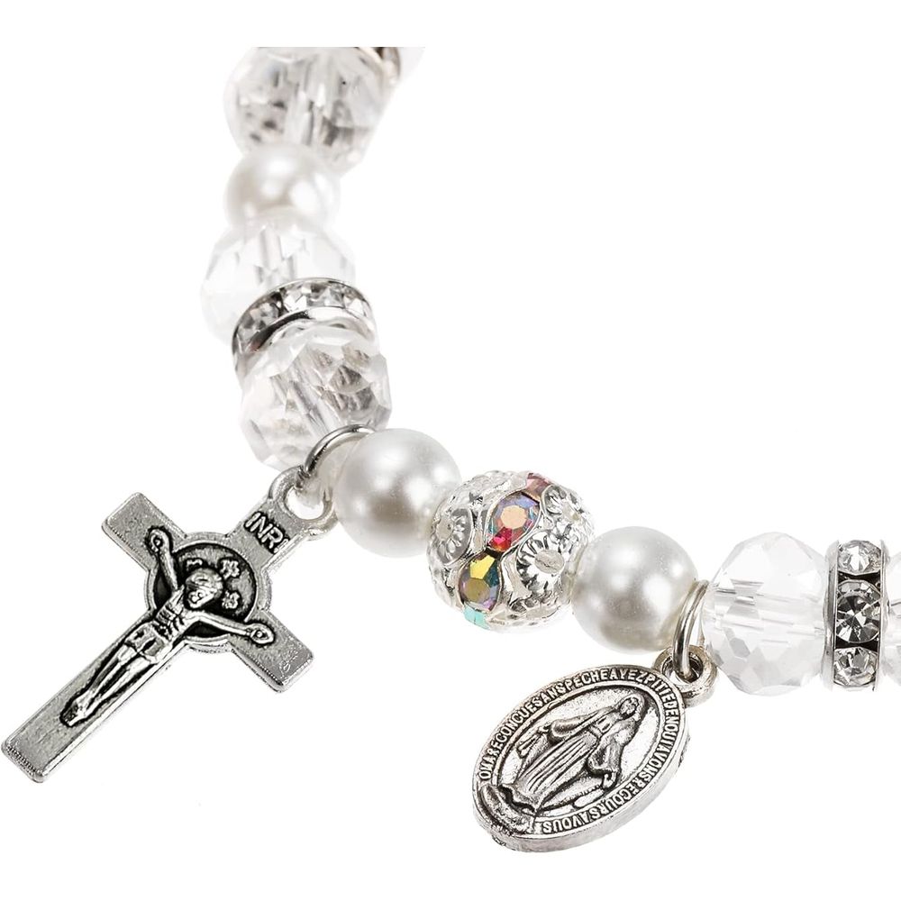 Women's Rosary Bead Stretch Bracelet, Crystal Cross Bracelet with Crucifix and Miraculous Medal