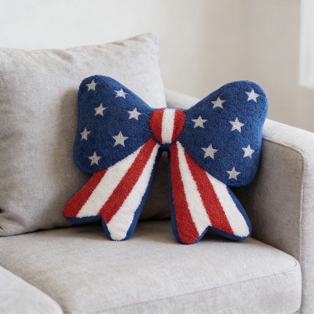 Patriotic Bow Decorative Pillow,14" x 14", Red White Blue Bow Shaped Pillow Designed with Plush, Hooked-style Texture